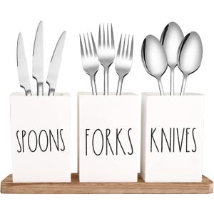 CHONIC Farmhouse Silverware Holder, Rustic Wood Silverware Caddy with Tray, Spoon Fork Knives Flatware Dispenser, Utensil Countertop Organizer, Plastic Cutlery Holder for Kitchen Party (White)