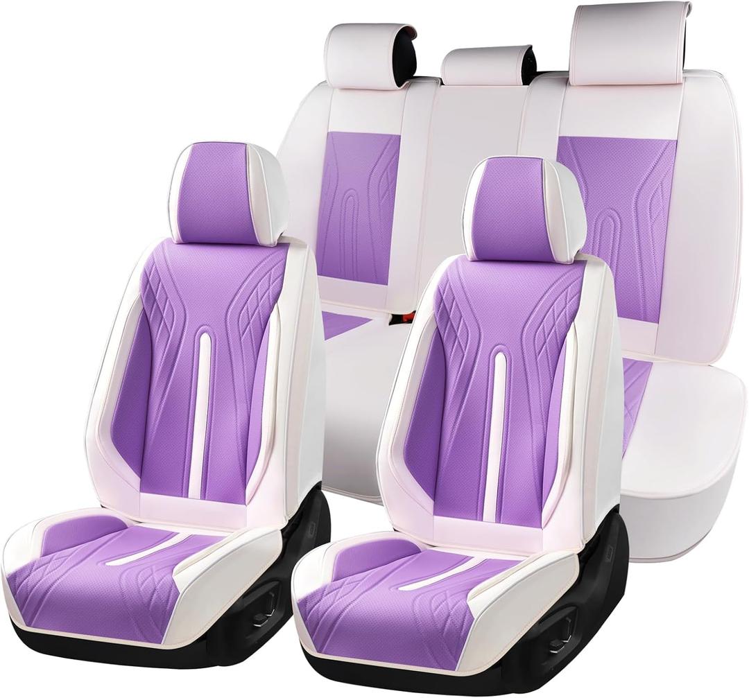 Huidasource Car Seat Covers Full Set, Universal Fit for Most Cars SUV Trucks, Full Coverage Nappa Leather Seat Cover, Airbag, Cupholder Compatible, Seat Function Retain, White&Purple