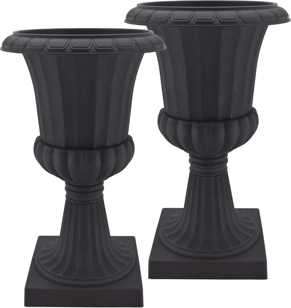 Arcadia Garden Products Plastic Garden Pedestal Urn, Set of 2 Classic Decorative Garden Pot Planter for Indoor and Outdoor Plants, 10 x 17, Black