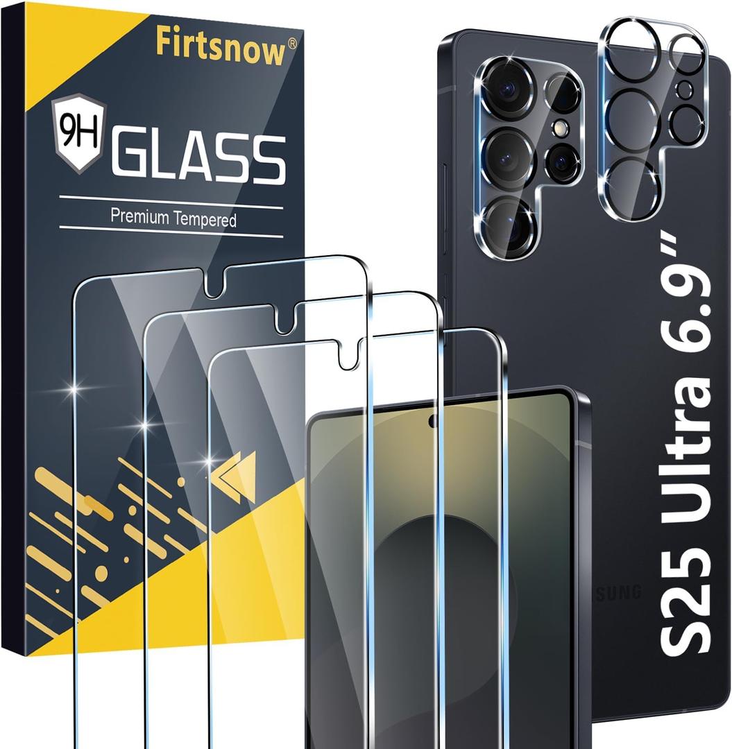 3 Pack for Samsung Galaxy S25 Ultra Screen Protector Tempered Glass + 3 Pack Camera Lens Protector, Military Grade Shatterproof, 9H Hardness, Fingerprint Unlock,Case Friendly 6.9 Inch