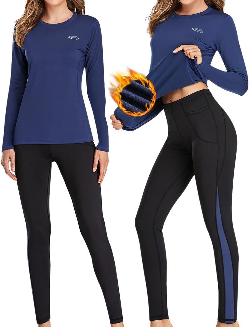 Thermal Underwear Women Long Johns Set Fleece Lined Warm Base Layer Long Sleeve for Weather Top Bottom Pajama (Small, Dark Blue)