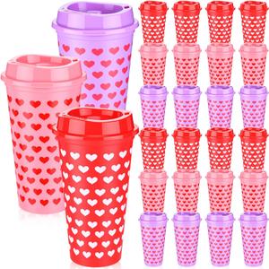 24pcs Valentine Day Conversation Coffee Cups Mugs Gift Bulk 16oz Galentine Day Reusable Plastic Tumbler with Lids for Women Galentine Party Supplies Hot Cold Drinks(Heart-shaped)