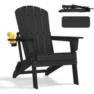 nevilywood Folding Adirondack Chair, Ergonomic Extended Backrest, HDPE All-Weather, 400lbs Capacity, Maintenance-Free, Cup Holder, Black- Outdoor Patio & Firepit Chair (1PC)