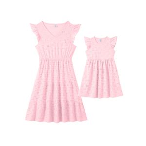 IFFEI Mommy and Me Matching Dresses Womens Eyelet Lace Ruffle Sleeve Midi Sundress for Casual Holiday Outfits Pink Women XL
