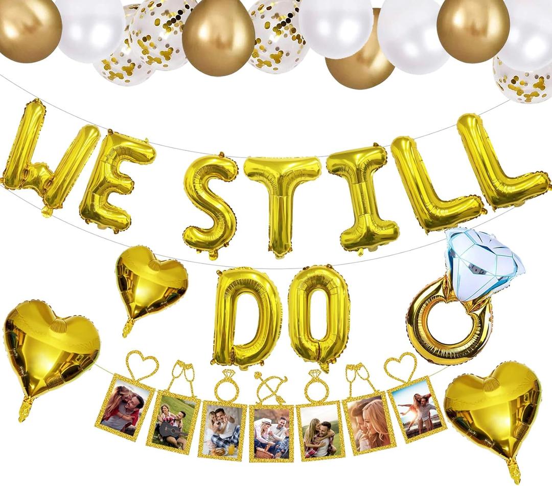 We Still Do 21pcs Gold Foil Balloons & Banner - Anniversary Decorations for Vow Renewal & Wedding Celebrations - Adults & Couples
