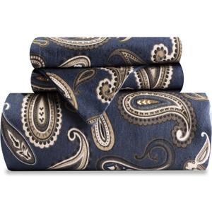 Superior Paisley Flannel Cotton Duvet Cover Set, Warm Fuzzy Comforter Cover, Floral Bedding Essentials, Secure Button Closure, Includes 1 Duvet Cover, 2 Pillow Shams, King/ California King, Navy Blue