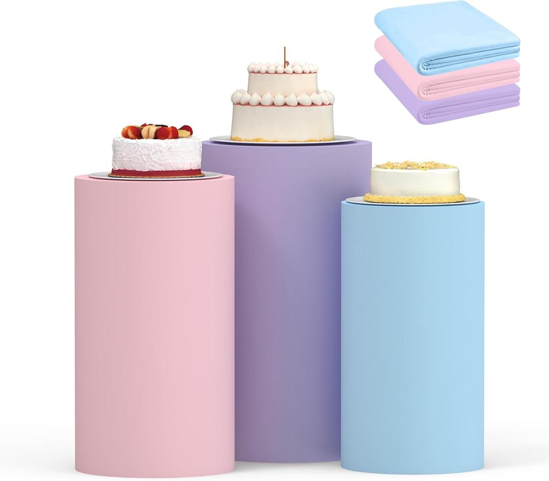 Cylinder Covers Set of 3, Spandex Cylinder Stand Covers for Parties,Round Pedestal Stand Covers for Cylinder Stands for Wedding Party Birthday Display(Cylinder Stands Not Included) (Blue Pink Purple, S+M+L)