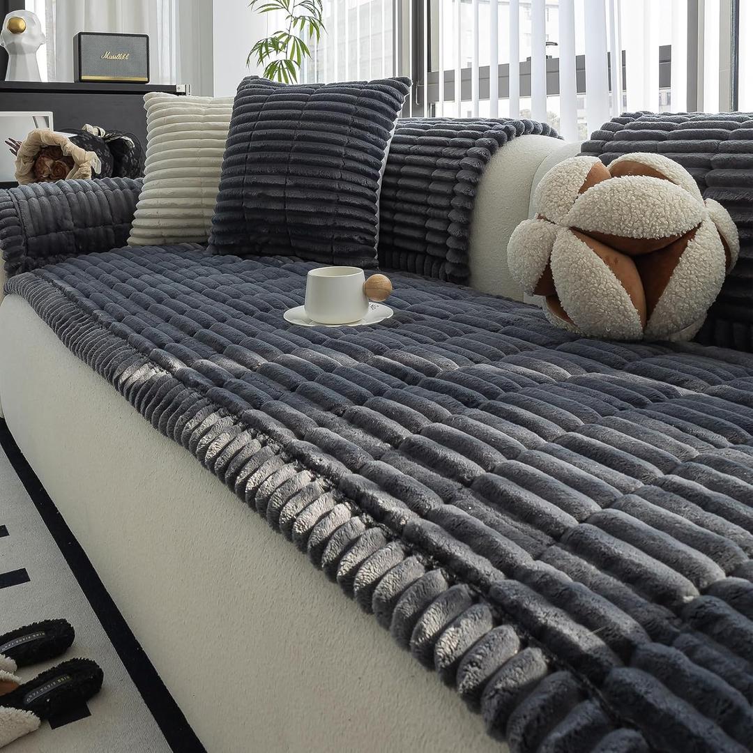 Sofa Couch Cover, Sofa Covers for Dogs Washable, Non-Slip Striped Sofa Slipcovers for Sectional Sofa, Sofa Cover Furniture Protector for L Shaped(Dark Grey, 27.6"x 82.7")