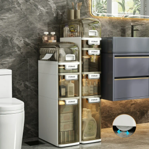 Seeday 4 Tier Slim Bathroom Storage Cabinet, Narrow Organizer with Wheels and Toilet Paper Holder, Waterproof, No Assembly Required, Perfect for Small Spaces in Bathroom, Kitchen and Living Room