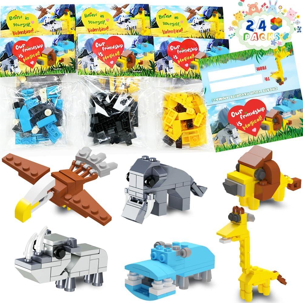 WODMAZ 24 Packs Safari Animal Building Blocks for Kids, 6 in 1 Animal Building Toys Set for Birthday Party Favor Easter Egg Fillers, Valentines Easter Gifts for Kids Boys Girls