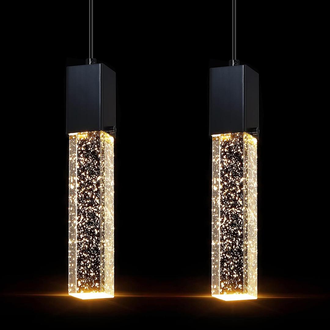 Mini Integrated Hanging Crystal Kitchen Island Modern Concise Pendant Ceiling Light Fixture,for Kitchen Island Dining Room Bedroom Hallway,UL Listed (Black, 2 Pack)