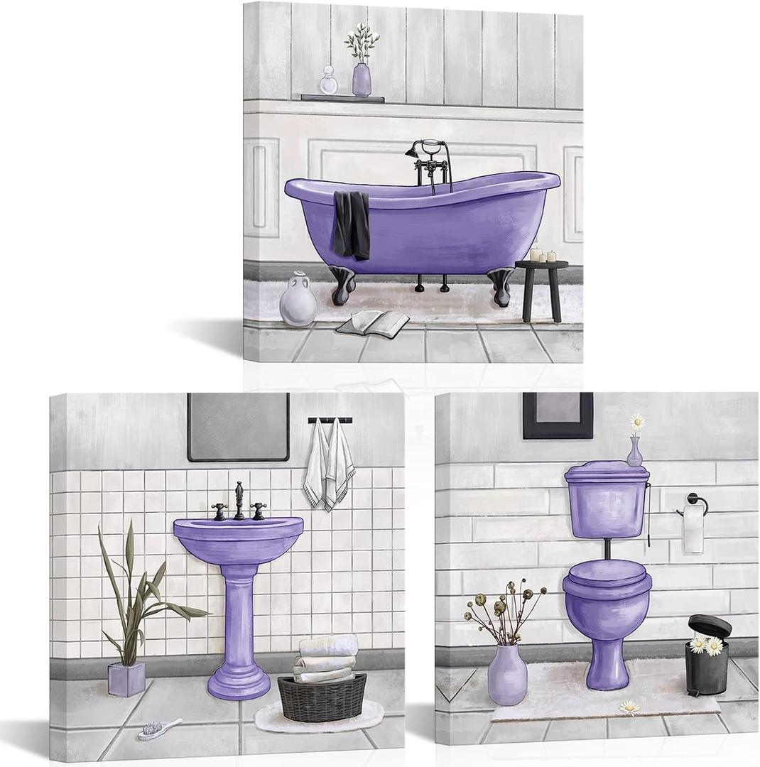 HOMEOART Bathroom Wall Art Bath Tub Painting Picture Bathroom Wall Decor Framed Ready to Hang 12x12inchx3 Purple