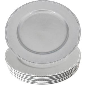 WELMATCH Silver Plastic Beaded Charger Plates - 12 pcs 13 Inch Round Wedding Party Decroation Charger Plates (Silver, 12)