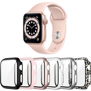 6 Pack Case for Apple Watch SE 3 (2025)/SE 2/SE/Series 6/5/4 44mm with Tempered Glass Screen Protector, Hard PC Ultra-Thin Scratch Resistant Protective Cover for iWatch 44mm Accessories (Black+Clear+Pink+Rose Gold+Silver+Classic Leopard)