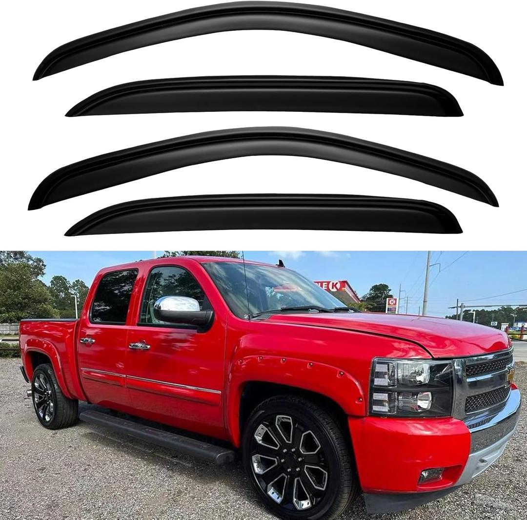 Window Visors Rain Guards for 2007-2013 Chevy Silverado/GMC Sierra 1500/Avalanche Crew Cab, Window Vent Wind Deflectors Visors Shades for 2007-2014 Silverado/Sierra 2500HD-3500HD/Suburban/Yukon XL (2007-2013 silverado/sierra crew cab)