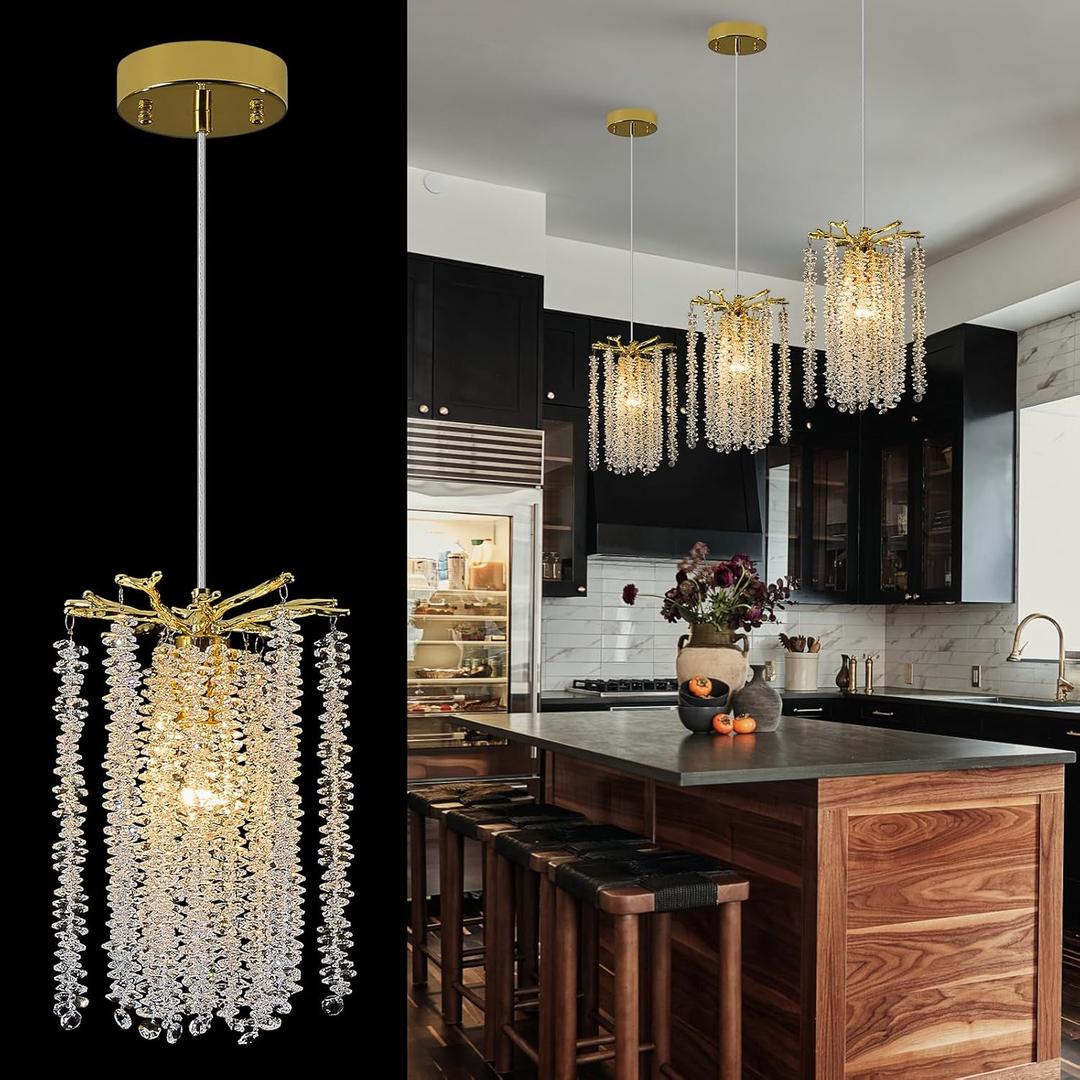 Contemporary Crystal Tree Branch Chandelier Modern Gold Raindrop Pendant Light Fixture 7.9" Luxury Round Chandeliers for Dining Room Kitchen Bedroom Living Room, 3 Pack