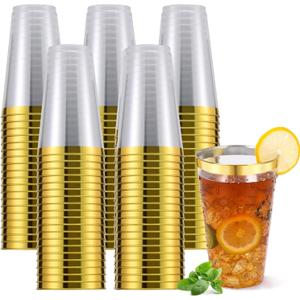 YOUTHSHIP 200 Pcs 16 oz Disposable Gold Rimmed Plastic Cups Heavy Duty Elegant Fancy Disposable Hard Plastic Cups With Gold Rim For Weddings Festivals and Elegant Parties