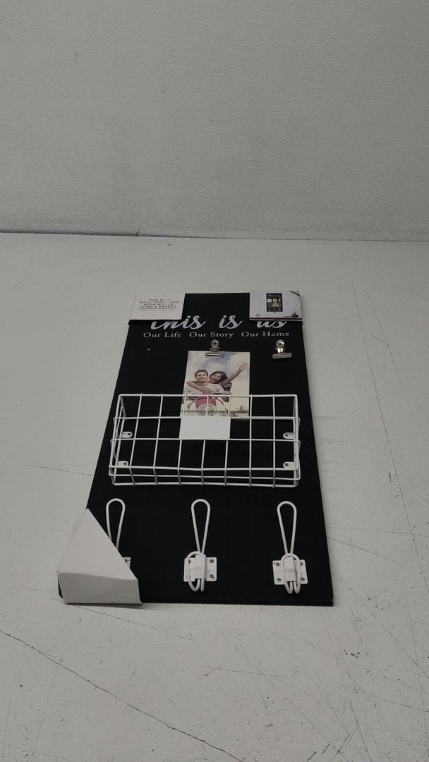 THIS IS US WALL ORGANIZER WITH HOOKS, CLIPS & BASKET 12" x 24" x 2.325"