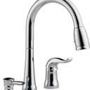 Delta Kate Chrome Kitchen Faucet with Pull Down Sprayer and Soap Disperser, Modern Two Hole Kitchen Sink Faucet, Single Handle, Chrome 16970-SD-DST