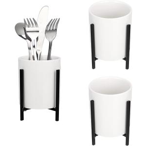 JUXYES Pack of 3 Ceramic Silverware Holder For Party Table, White Cutlery Holder Holder With Black Metal Bracket, Small Flatware Caddy Organizer Utensil Holder Organizer for Kitchen Dining Tables