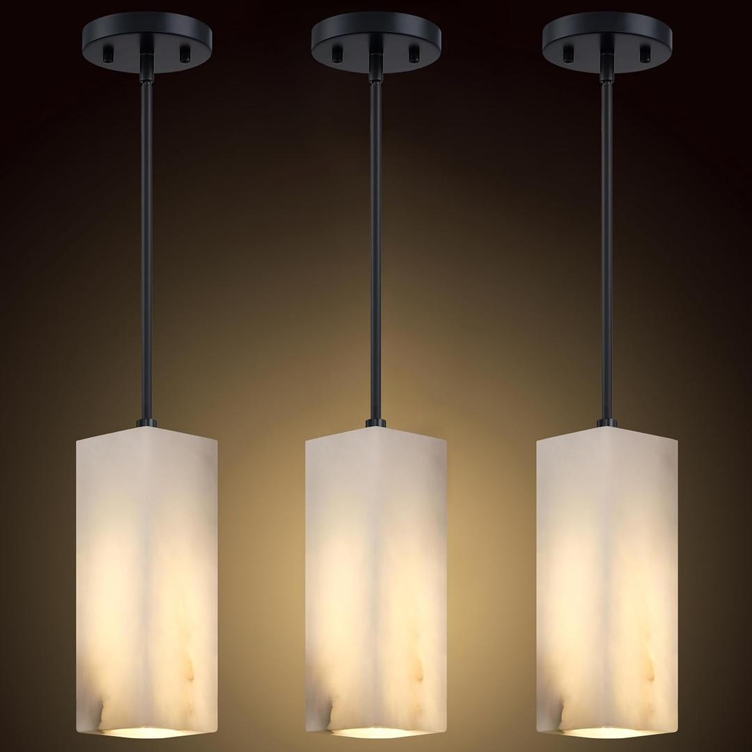 3 Pack 1 Light Square Natural Alabaster Marble Modern Industrial Farmhouse Hanging Kitchen Island Pendant Ceiling Light Fixture,Grey Finish Over Sink Restaurant bar Corridor