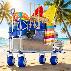 𝐔𝐩𝐠𝐫𝐚𝐝𝐞 Beach Wagon with Big Wheels for Sand, Double-Decker, 9" PVC All-Terrain Wheel, 500 lb Load Capacity, Oversized 400L, for Beach, Camping, Garden & Outdoor Sports (Blue)