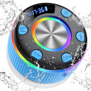 Bluetooth Shower Speaker, Portable Bluetooth 5.3 Speakers Wireless with Time Display, IP7 Waterproof Mini Speaker with RGB Lights, Suction Cup, Stereo Bass, for Bathroom Party Travel Outdoor, Blue