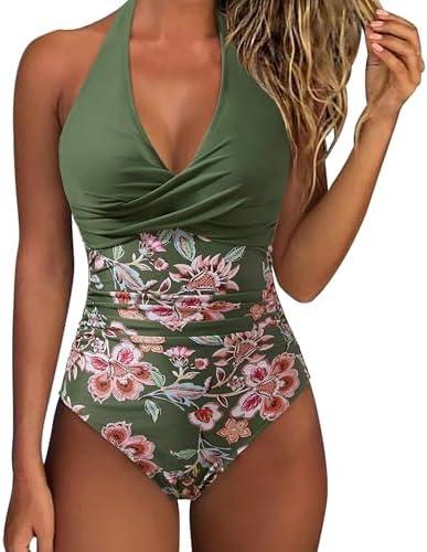 SUUKSESS Women Sexy Tummy Control One Piece Swimsuits Halter Push Up Bathing Suits, Size XL