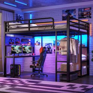Bellemave Metal Queen Size Loft Bed with Desk and LED Lights,Heavy Duty Loft Bed Frame with Storage Shelves and Charging Station for Kids,Teens,Adults, Space Saving,Black