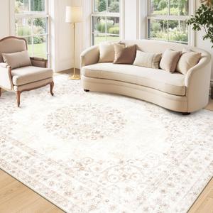 Area Rug 5x7 Vintage Rug: Washable Indoor Medallion Rugs Low Pile Distressed Floor Carpet Retro Accent Rug for Living Room Bedroom Kitchen Dining Table Home Office(Distressed Beige, 5'x7')
