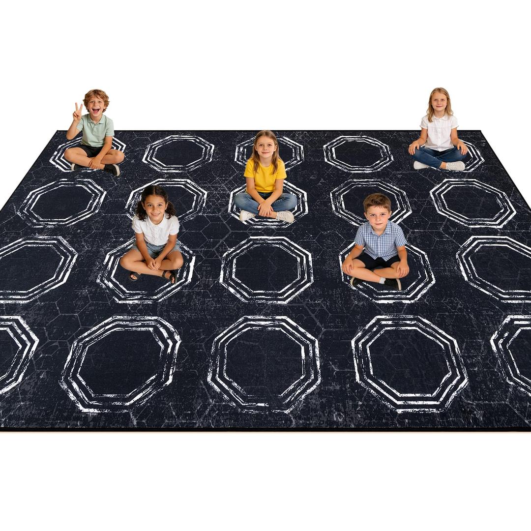 Classroom Rug Elementary, 6' x 9' Classroom Carpet, Polygonal Rug-Black