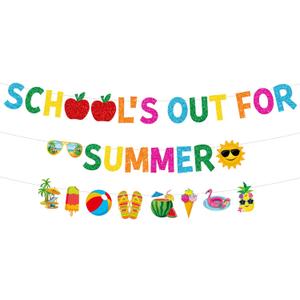 Glitter Schools out for Summer Banner and Colorful Glittery Summer Patterns Banner End of School Year Garland Banner Summer Vacation Beach Pool Party Fireplace Mantle Decorations