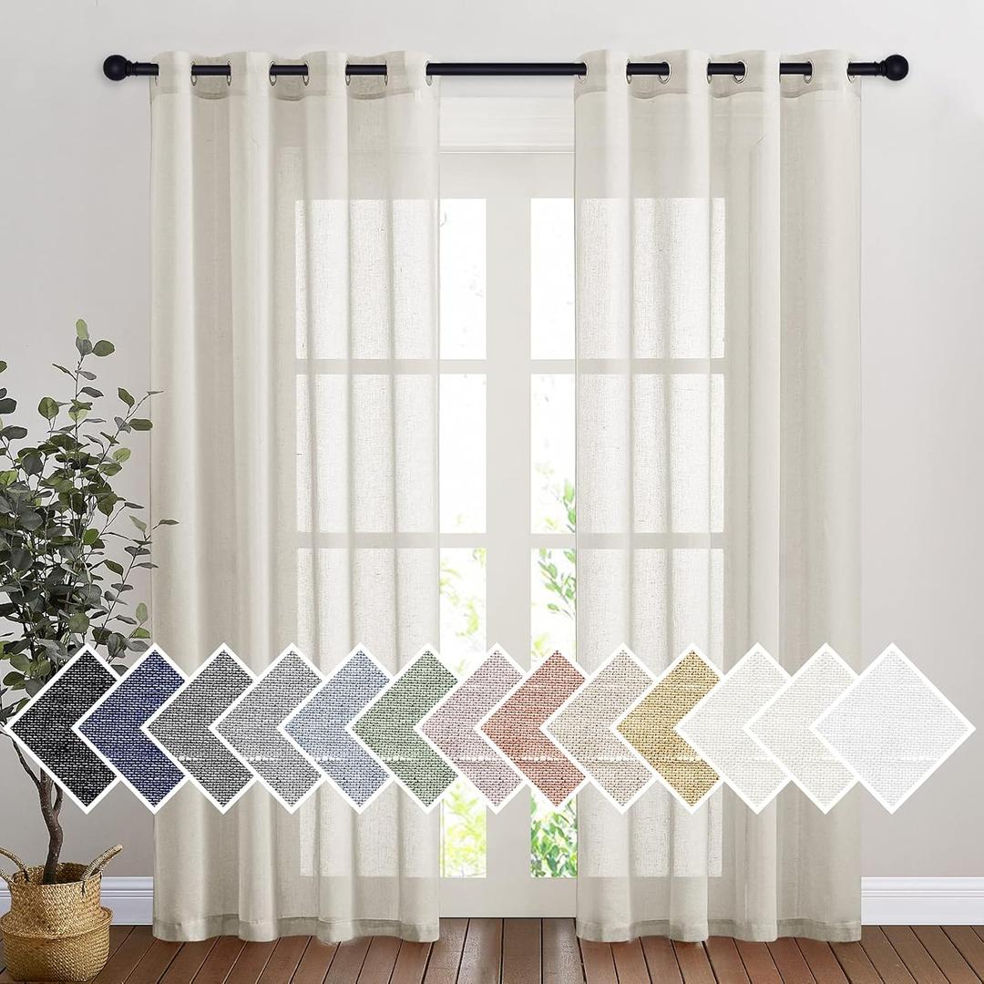 NICETOWN Semi Sheer Linen Curtains Extra Wide for French Door, Grommet Privacy with Light Filtering Vertical Window Curtains for Living Room/Bedroom, Natural, W62 x L84, 1PCs