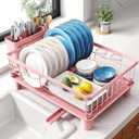 SNTD Dish Drying Rack - Small Dish Rack for Kitchen Counter, Stainless Steel Dish Drainer with Utensil Holder and Drainboard, 12.9" W x 16.9" L (Pink)