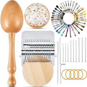 Jexine Mini Darning Egg for Socks 14 Hooks Small Speedweve Style Weaving Darning Loom with 9 Pcs Large Eye Needles 50 Colors Thread for Handcraft DIY Weaving Repair Tool (Silver)