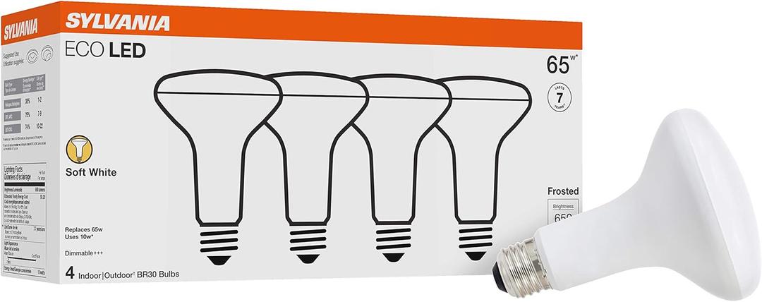 Sylvania ECO LED BR30 Light Bulb, 65W = 10W, Dimmable, Frosted Finish, 650 Lumens, 2700K, Soft White - 4 Pack (40870)