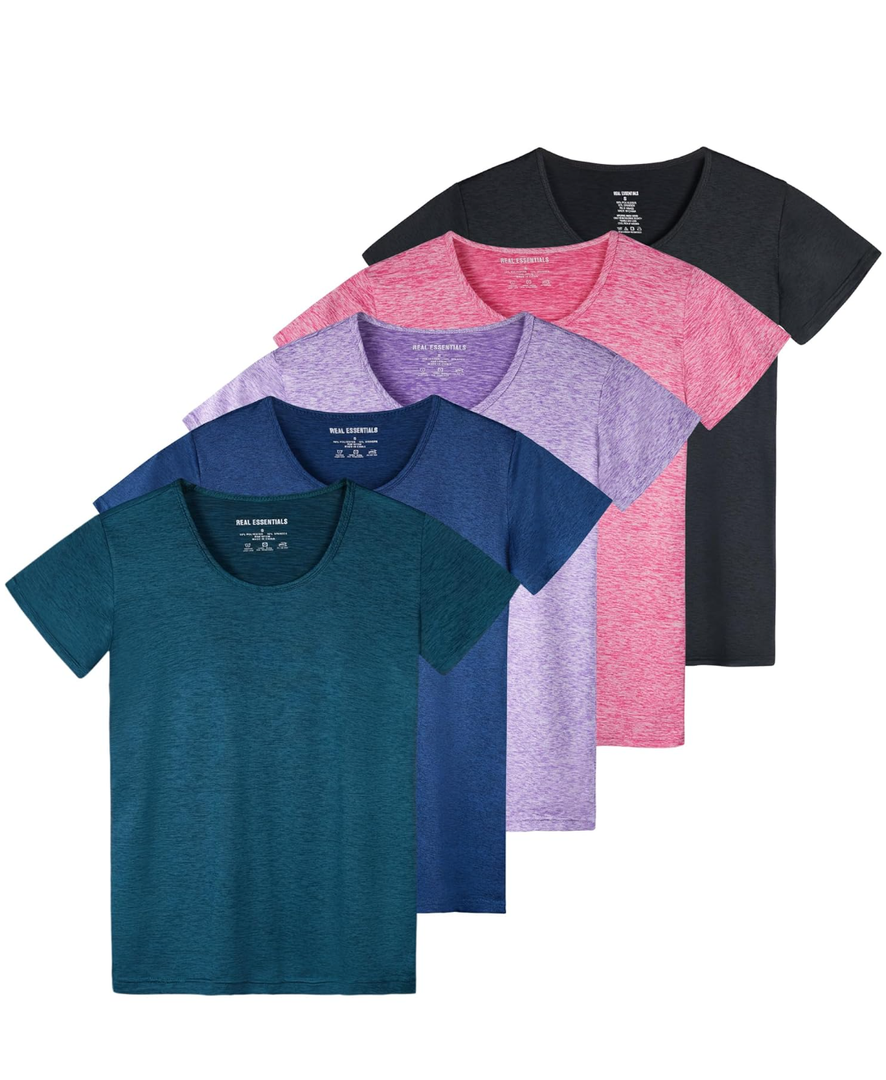 Real Essentials 5 Pack: Women's Dry Fit Tech Stretch Short-Sleeve Crew Neck Athletic T-Shirt XL(Blue, Black, Pink, Purple, Green)