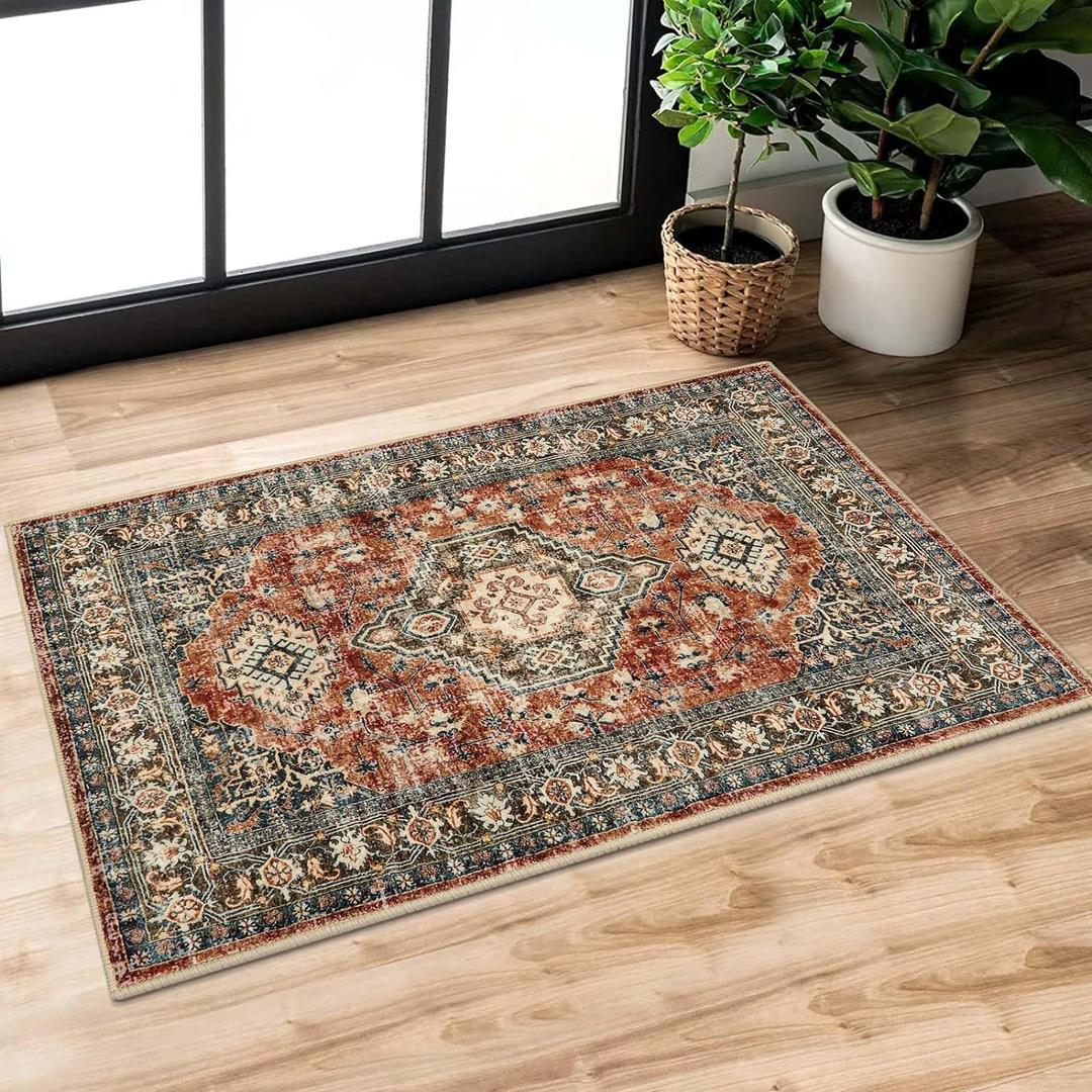 Lahome Oriental Washable Small Area Rug, 2x3 Rugs for Entryway Kitchen, Ultra-Thin Soft Indoor Door Mat Non Slip Throw Carpet for Bedroom Bathroom Eleanor, Brick Red