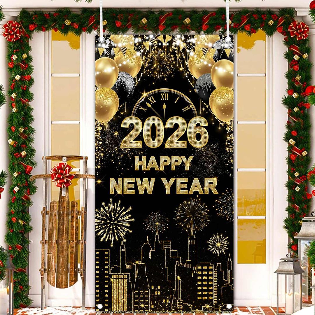 MEHOFOND Black Gold Happy New Year 2026 Door Cover, Large New Year Front Door Banner for 2026 NYE Party Decorations, Indoor Outdoor Black and Gold New Years Backdrop Hanging Sign