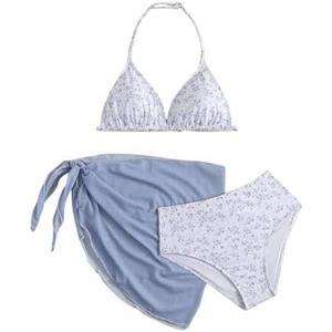 Milumia Girl's 3 Piece Bikni Set Ditsy Floral Halter Swimsuit with Cover Up Skirts 12Y