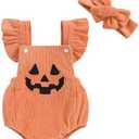 My First Halloween Baby Girl Outfit Newborn Pumpkin Face Print Bubble Romper Jumpsuit Overalls Pumpkin Clothes (6-12 Months)