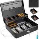 Large Cash Box with Security Cable & Coin Tray, Metal Money Box with Tray & Key Lock,Tiered Locking Cash Boxes,Portable Lock Safe Box, Adjustable Coin Box,Deluxe Metal Money Box,Black