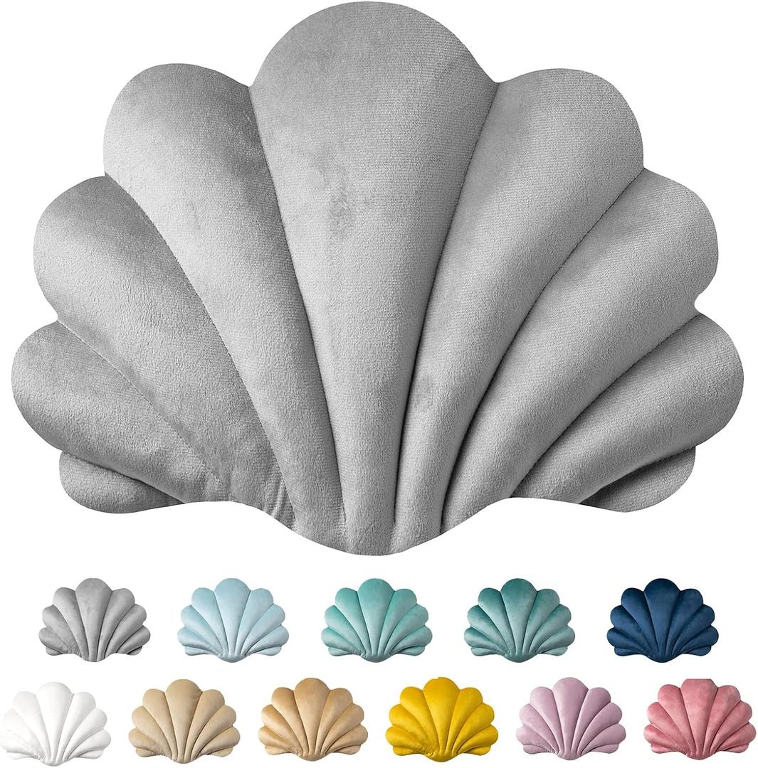 Ashler 3D Throw Pillows Shell Shaped Accent Throw Pillow, Soft Velvet Insert Included Cushion for Couch Bed Living Room, Pack of 1, Light Grey, 18 X 13 inches Light Grey