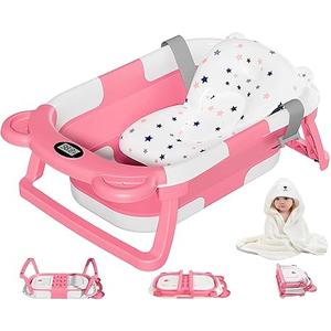 MoreFeel Collapsible Baby Bathtub for Newborn with Thermometer & 1 Hooded Towel & 1 Soft Floating Cushion,Portable Travel Bathtub with Drain Hole, Durable Foldable Baby Tubs for Infants to Toddler