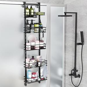 Orimade Over the Door Shower Caddy Adjustable 5 Tier Black,Bathroom Hanging Organizer Shelf Rustproof with 4 Hooks,Shower Basket with Soap Holder and Suction Cup