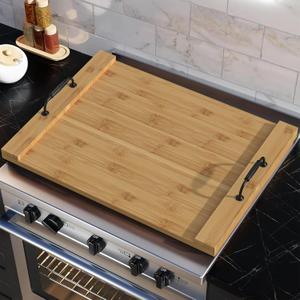 Bamboo Wood Stove Top Cover with Handles for Gas Burners/RV Stovetop, Noodle Cutting Board for RV Gas Stovetop, Noodle Board Electric Stove Cover & Juice Grooves for Kitchen Countertop Space (29.6"L x 22"W)