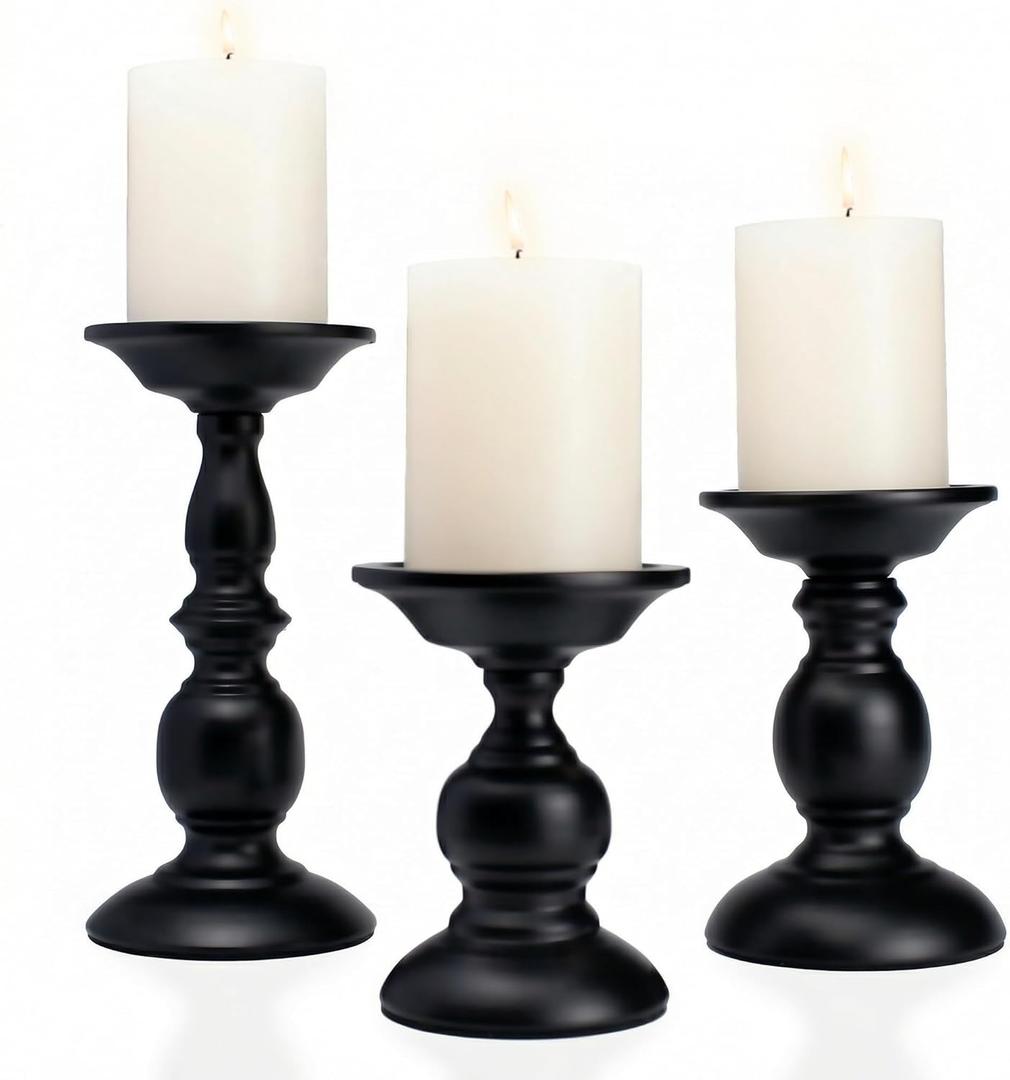 Black Pillar Candle Holders Set of 3, Vintage Candle Holder for Table Centerpiece & Fireplace Decor, Decorative Antique Candle Stand for Dining & Living Room Decoration