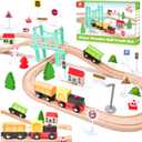 47Pcs Wooden Train Set for Toddlers, Wooden Train Track - Expandable and Changeable, Safe Educational Train Toys Gift for Boys & Girls Kids Ages 3-5 4-8, Compatible with All Major Brands