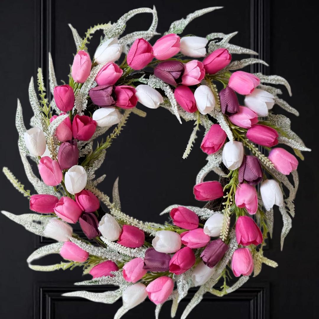 20 Inch Tulip Wreath for Front Door, Spring Summer Wreath with Pink White Purple Artificial Flowers, Valentines Day Wreaths for Wedding Gifts Window Wall Festival Decorations