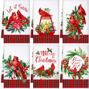 6 Pcs Christmas Kitchen Towels Cardinal Bird Christmas Hand Towels Xmas Bird pine cones Holly Branch Dish Towels Red Bird Christmas Tea Towels for Kitchen Bathroom Hotel Home Decor,16 x 24 Inches